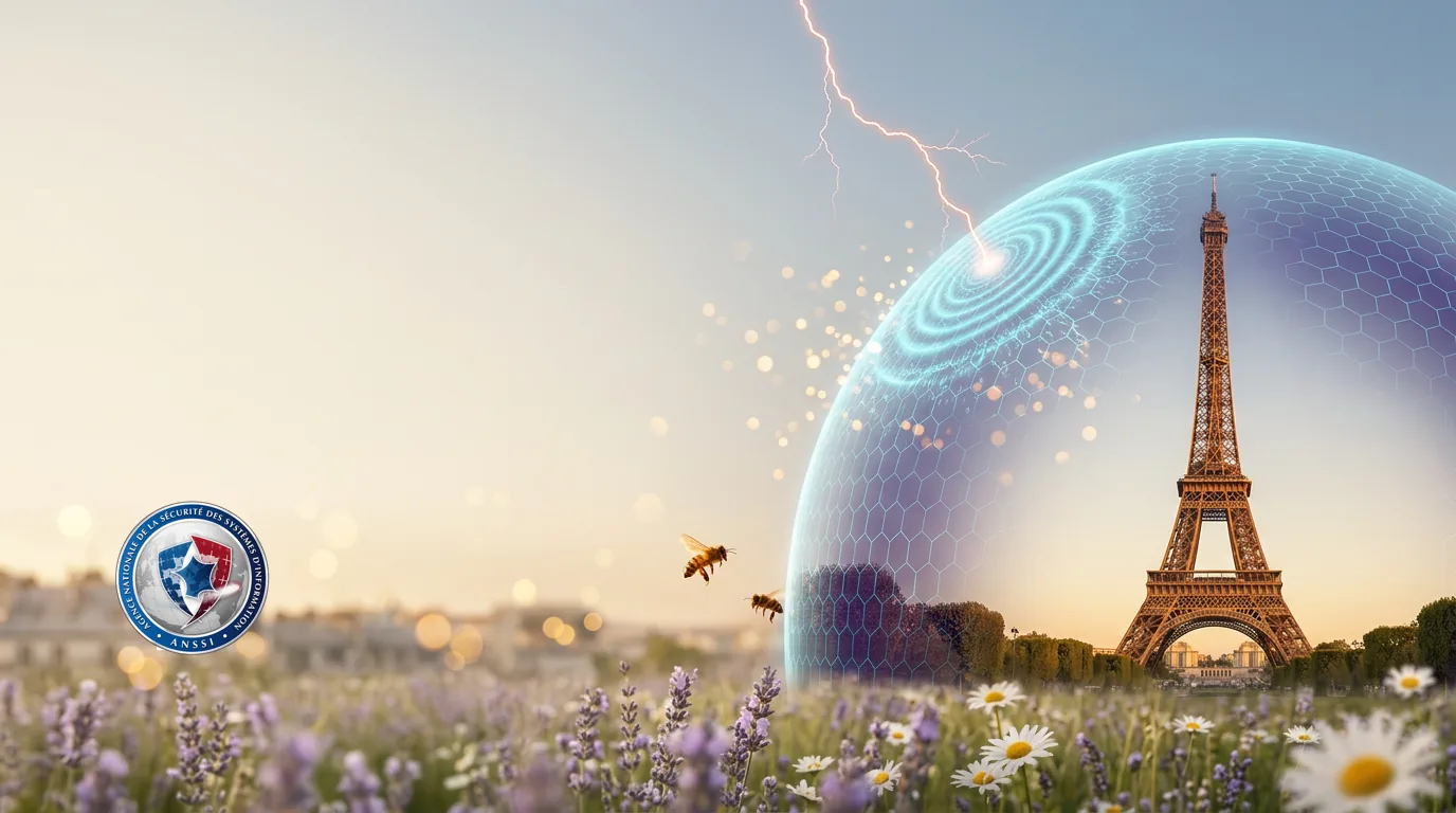 Golden-hour twilight over Paris. The Eiffel Tower stands inside a translucent hexagonal shield of cyan and violet light while a bolt of lightning strikes the dome and dissipates in soft ripples. Honeybees fly over a meadow of lavender and daisies.