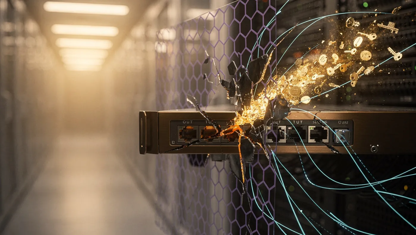 Cinematic macro photograph: a rack-mounted firewall appliance with a shattered front face glowing orange at the fracture, behind a deep-violet hexagonal containment lattice, leaking golden credential keys along cyan signal filaments into a softly lit server-room corridor.