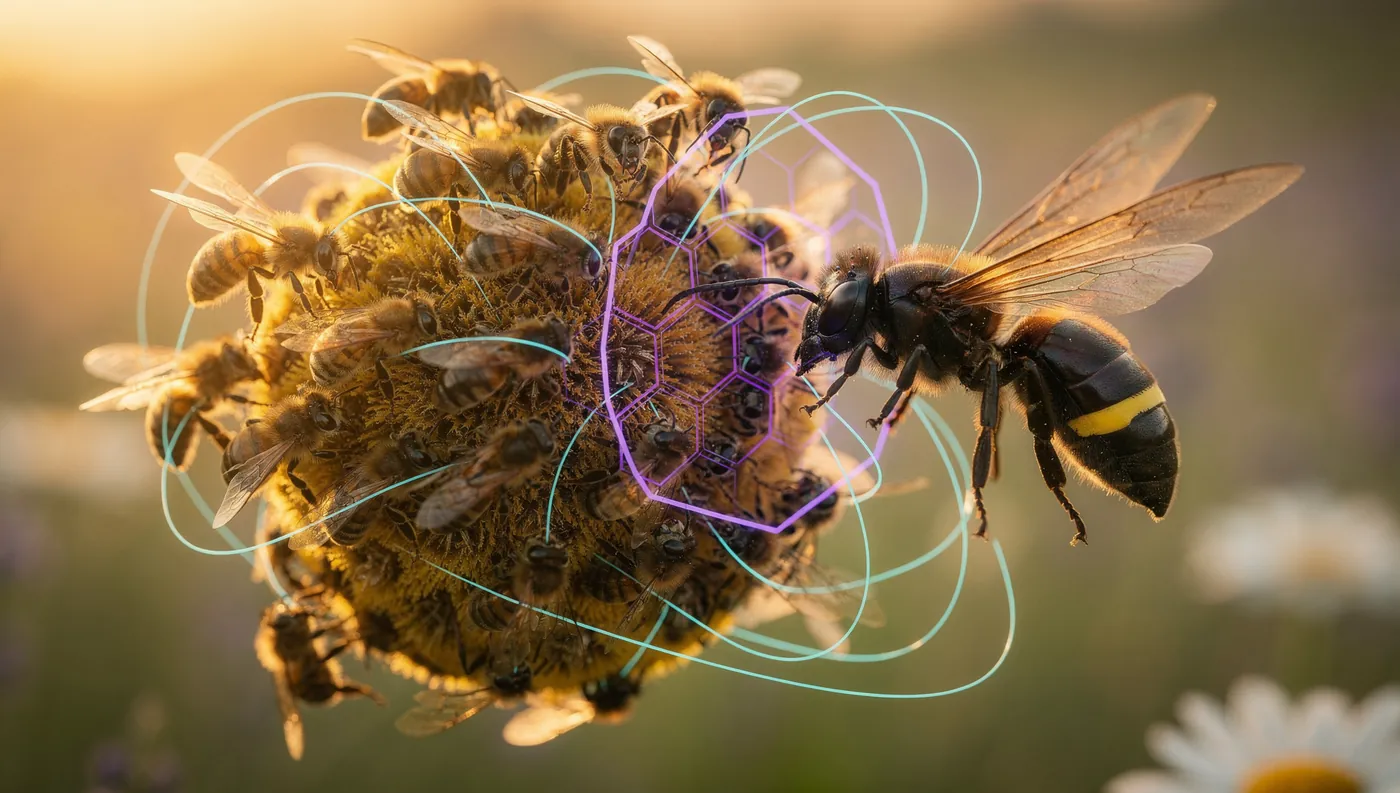Honeybees forming a heat-ball around an Asian hornet, with cyan holographic containment filaments - the biological model for collective cyber-incident response.