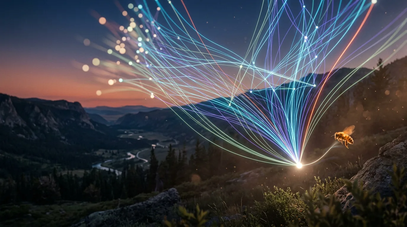 A network drawing itself in three dimensions over a twilight valley: glowing cyan, violet, sage and one orange-red filament fan outward from a single bright seed-node, blooming into discovered nodes, while a honeybee in flight carries a luminous trace-line toward the next.