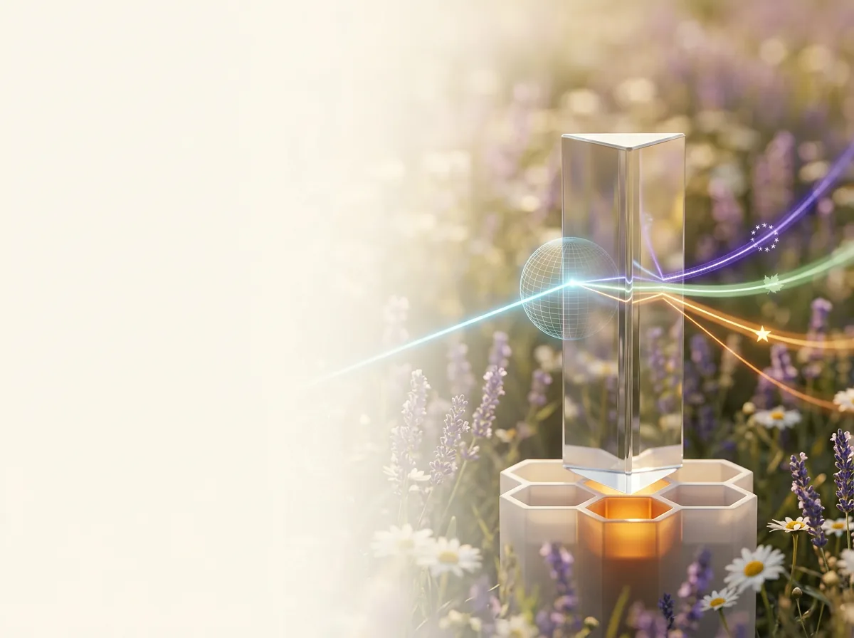 A clear glass prism stands on a glowing honeycomb base in a sunlit lavender-and-daisy meadow; a cyan beam passes through a luminous wireframe globe into the prism and refracts into four coloured streams curving to the right, a violet stream with a faint ring of stars, a green stream with a maple-leaf glint and a warm-amber stream with a single star spark, against bright empty parchment light on the left.