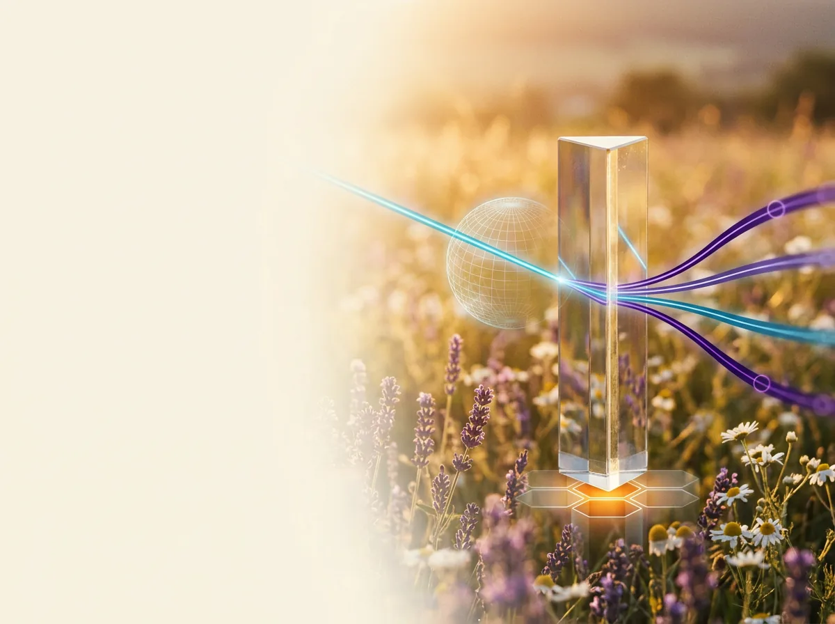 A clear glass prism stands in a sunlit lavender-and-daisy meadow on a softly glowing honeycomb base; a cyan beam passes through a luminous wireframe globe into the prism and refracts into glowing network streams that curve away to the right and dissolve into bokeh, with bright empty parchment light filling the left of the frame.
